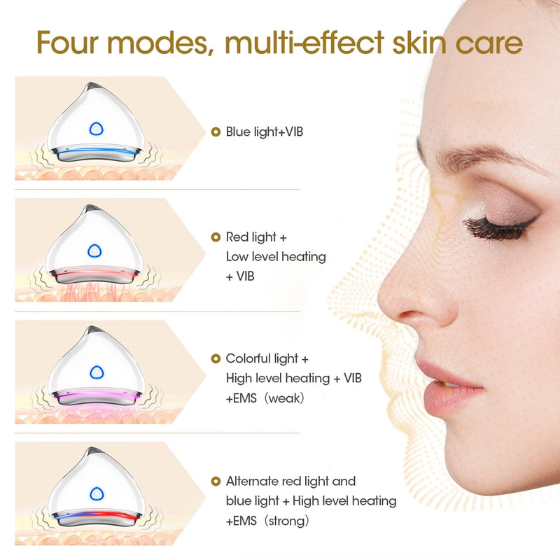 Four modes, multi-effect skin care - Blue light + VIB - Red light + Low level heating + VIB - Colorful light + High Level Heating + VIB + EMS (weak) - Alternate red light and blue light + High level Heating + EMS (strong)